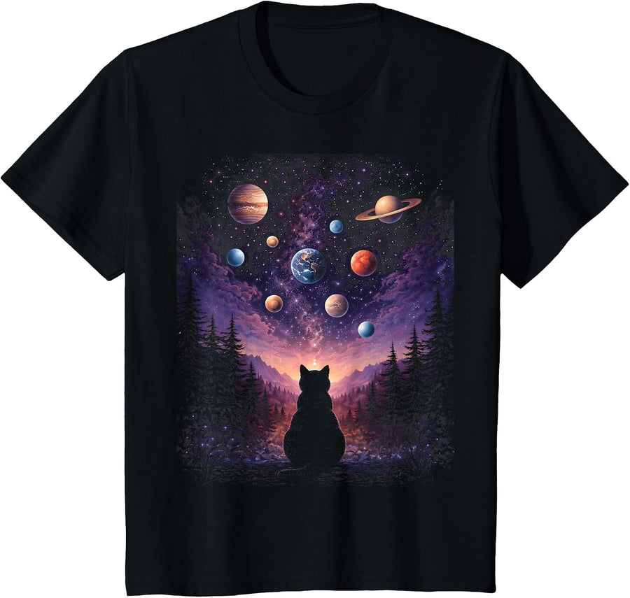 Cat Watching Planets in Space Galaxy Stars Astronomy T-Shirt - Black