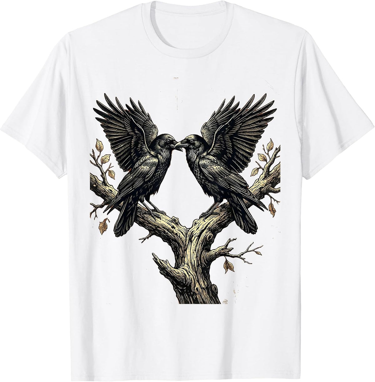 Men's Two Crows on a Branch Face to Face Art T-Shirt - White