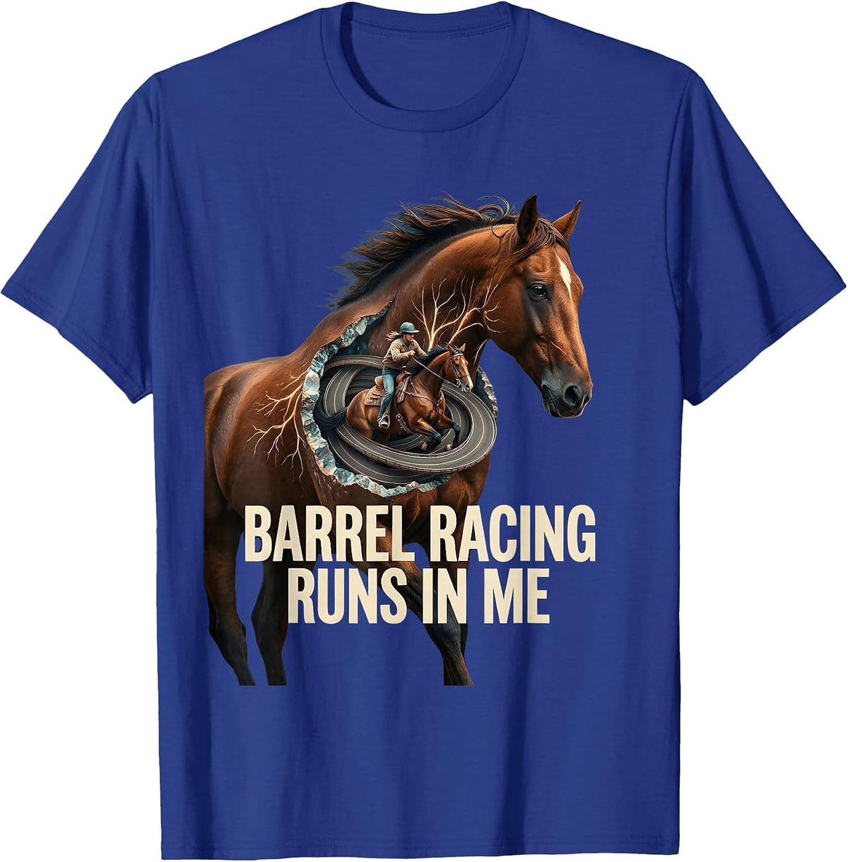 Barrel Racing Runs In Me Rodeo Design T-Shirt - Royal Blue
