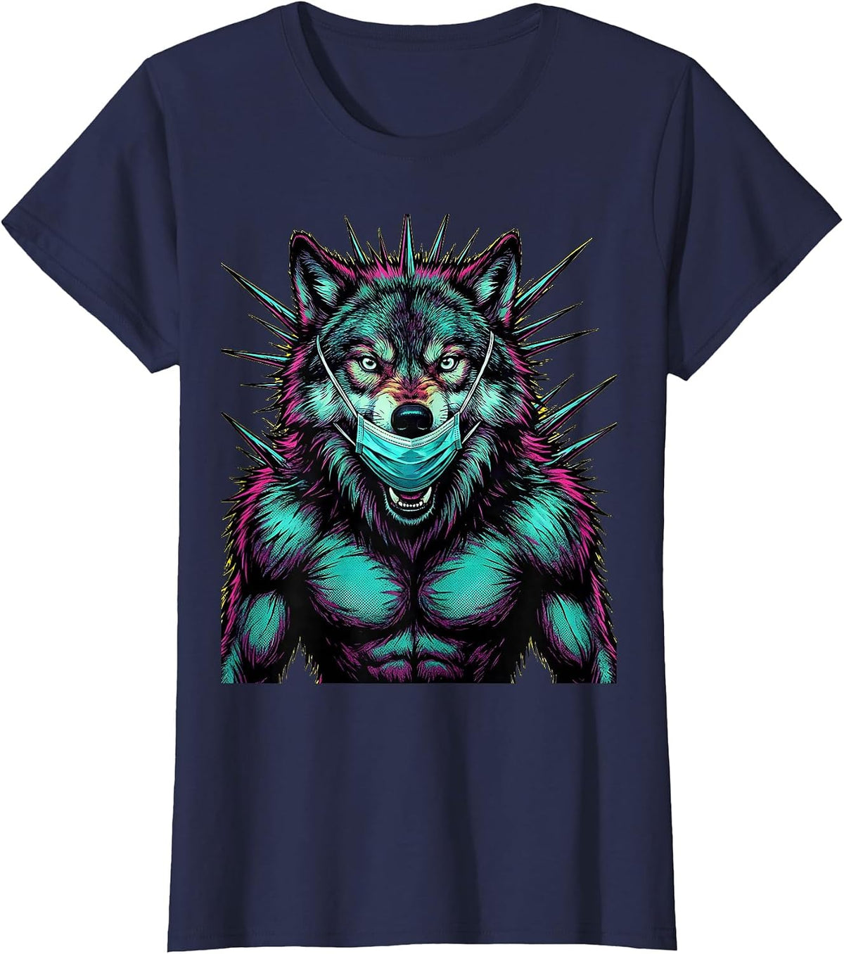 Women's Wolf Nurse Howling in Surgical Scrub Mask T-Shirt - Navy Blue