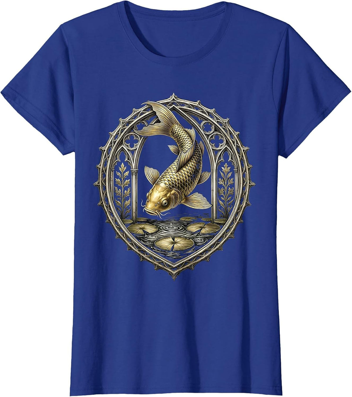 Women's Gold Koi Fish Leaping from Dark Water T-Shirt - Royal Blue