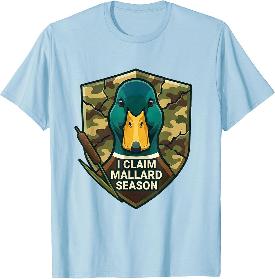Men's I Claim Mallard Season Hunting Vintage Duck Camo Waterfowl T-Shirt - Baby Blue