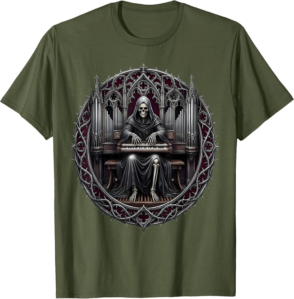 Cloaked Skeleton Pipe Organ Heavy Metal Graphic T-Shirt - Olive Green