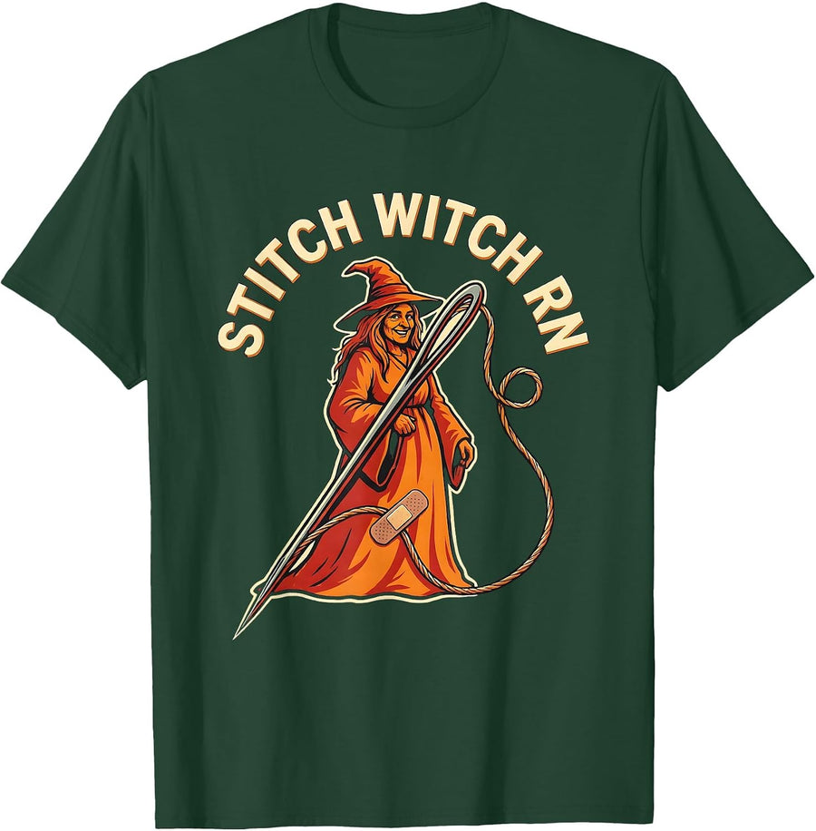 Men's Stitch Witch RN Funny Halloween Nurse Medical Humor T-Shirt - Dark Green