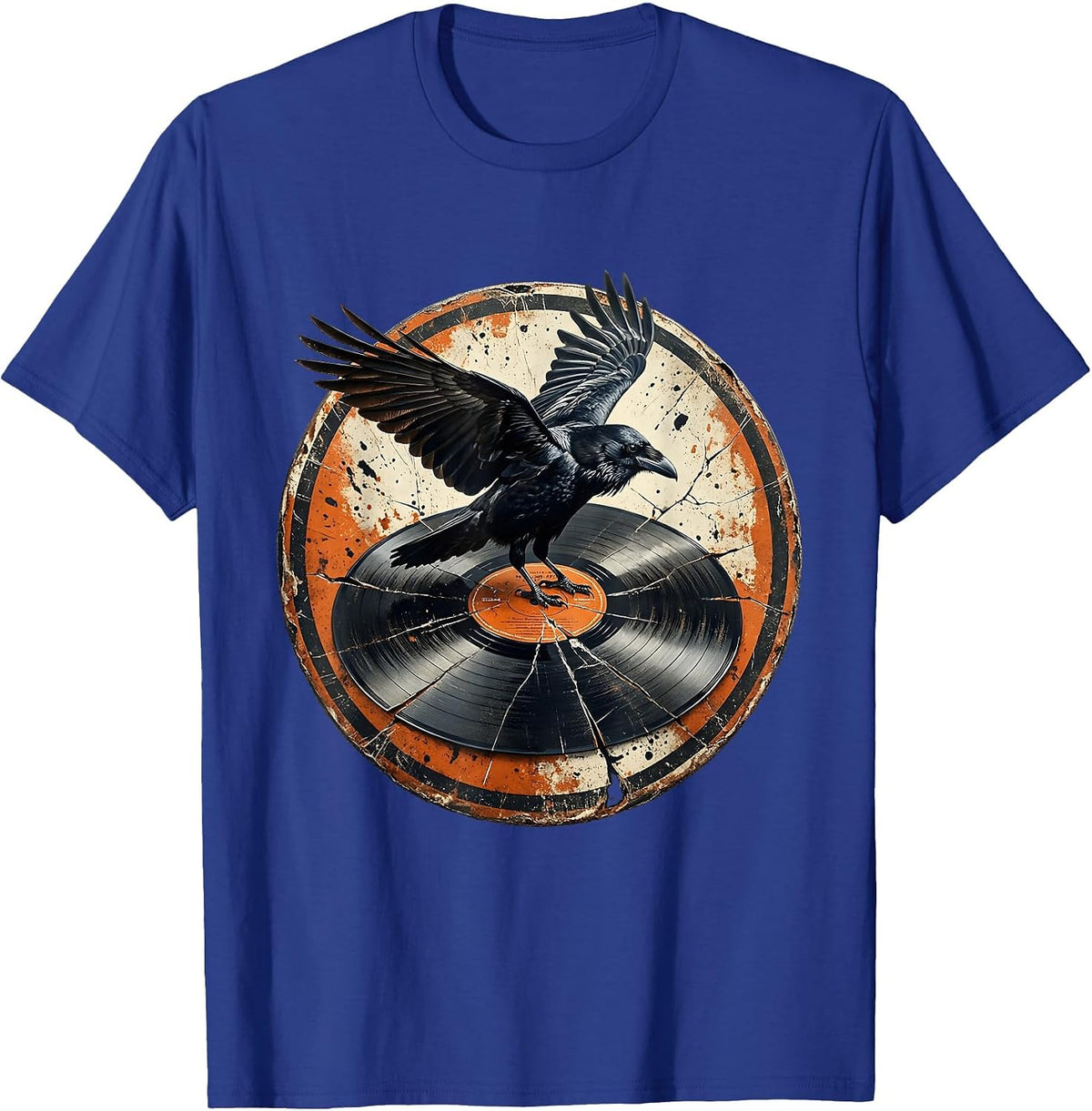 Raven on Cracked Vinyl Record Rock Art T-Shirt - Royal Blue