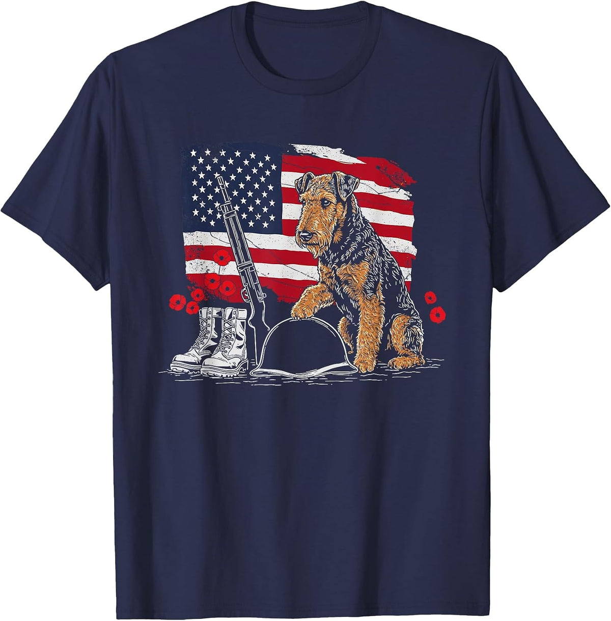 Airedale Terrier American USA Flag Memorial Day 4th of July T-Shirt - Navy Blue