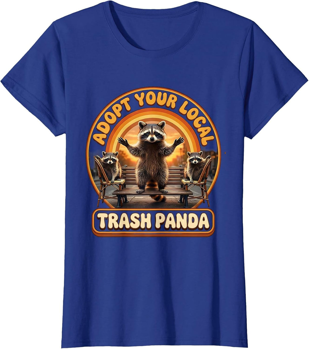 Women's Adopt Your Local Trash Panda Retro 70s Raccoon Meme Humor T-Shirt - Royal Blue