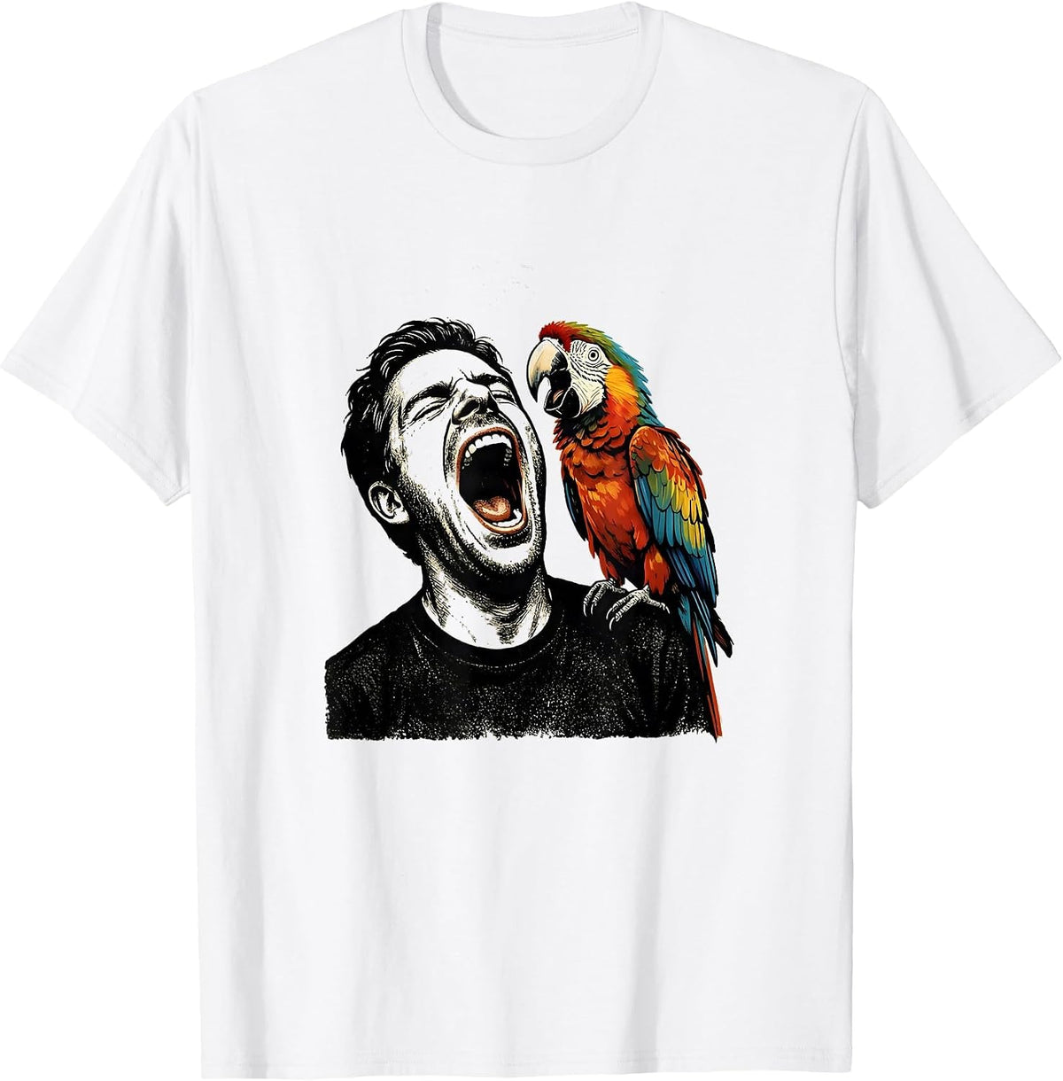 Men's Funny Parrot Mimicking Yawning Man on Shoulder T-Shirt - White