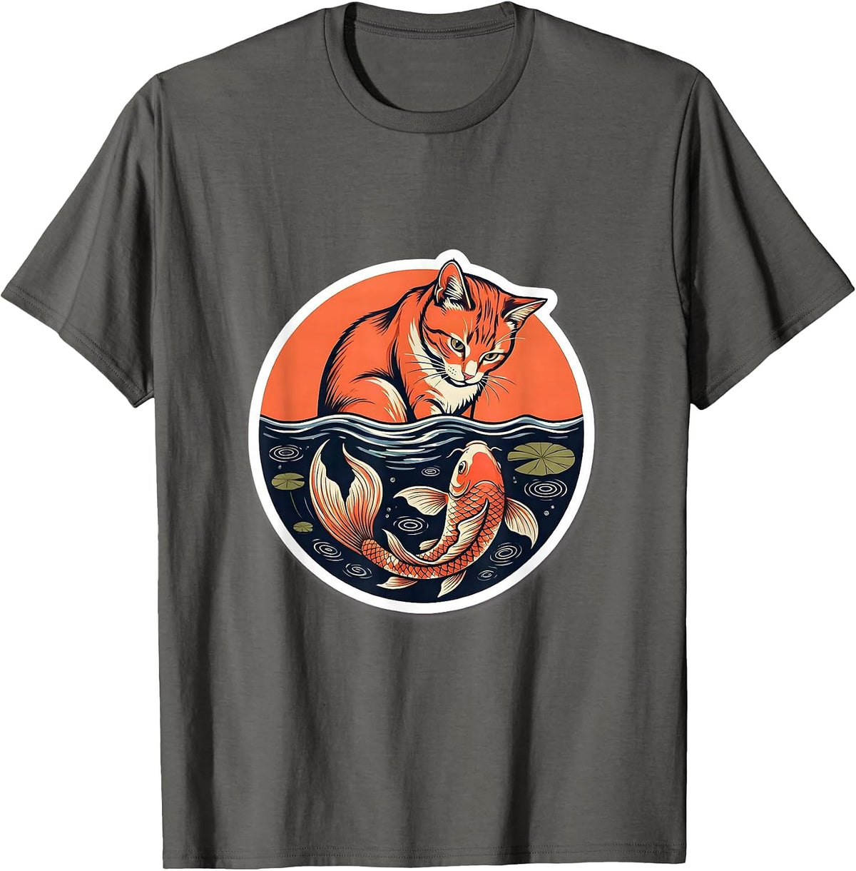Cat and Koi Fish Pond Reflection Graphic T-Shirt - Asphalt Grey