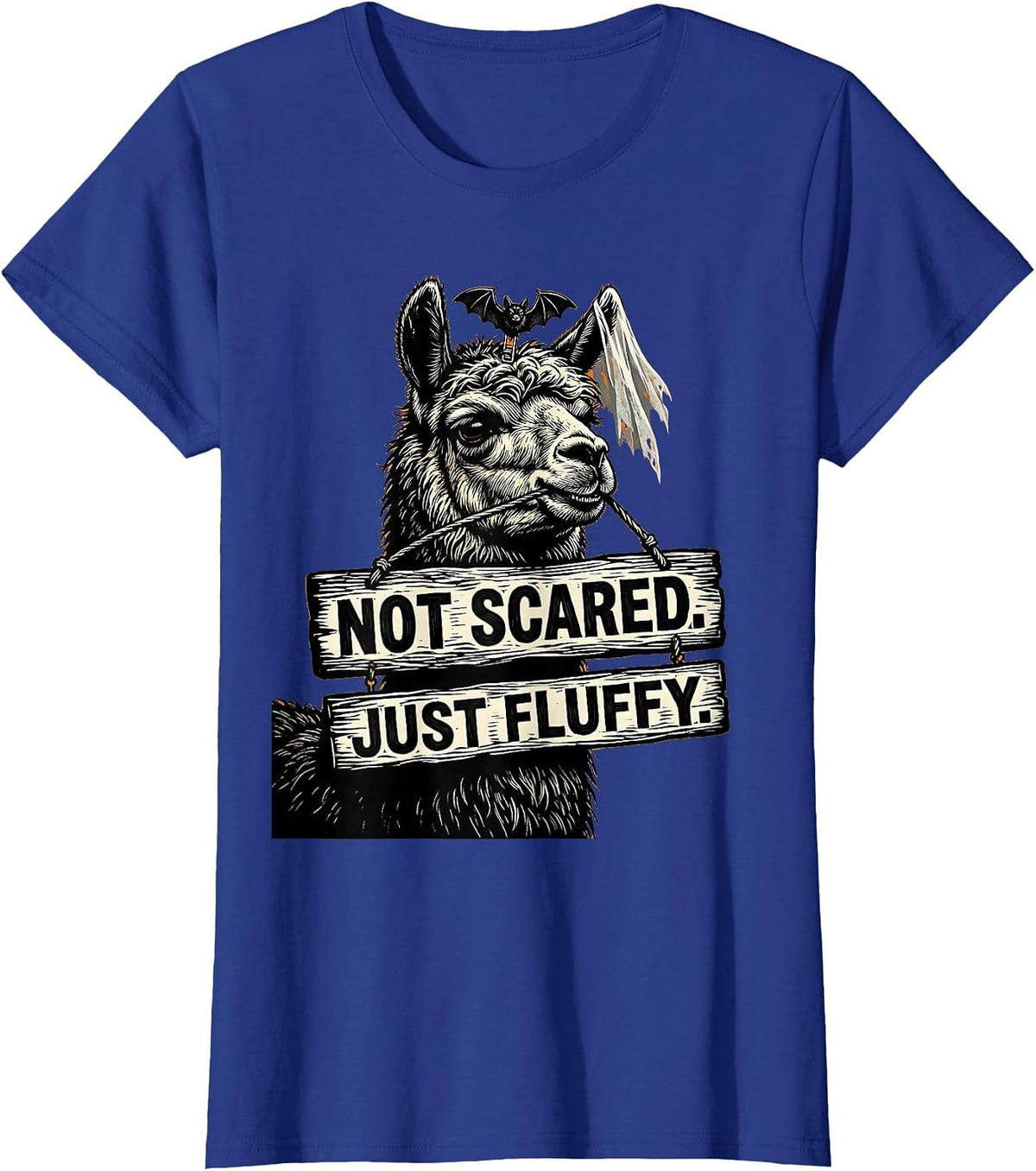 Women's Not Scared Just Fluffy Linocut Funny Llama Halloween T-Shirt - Royal Blue