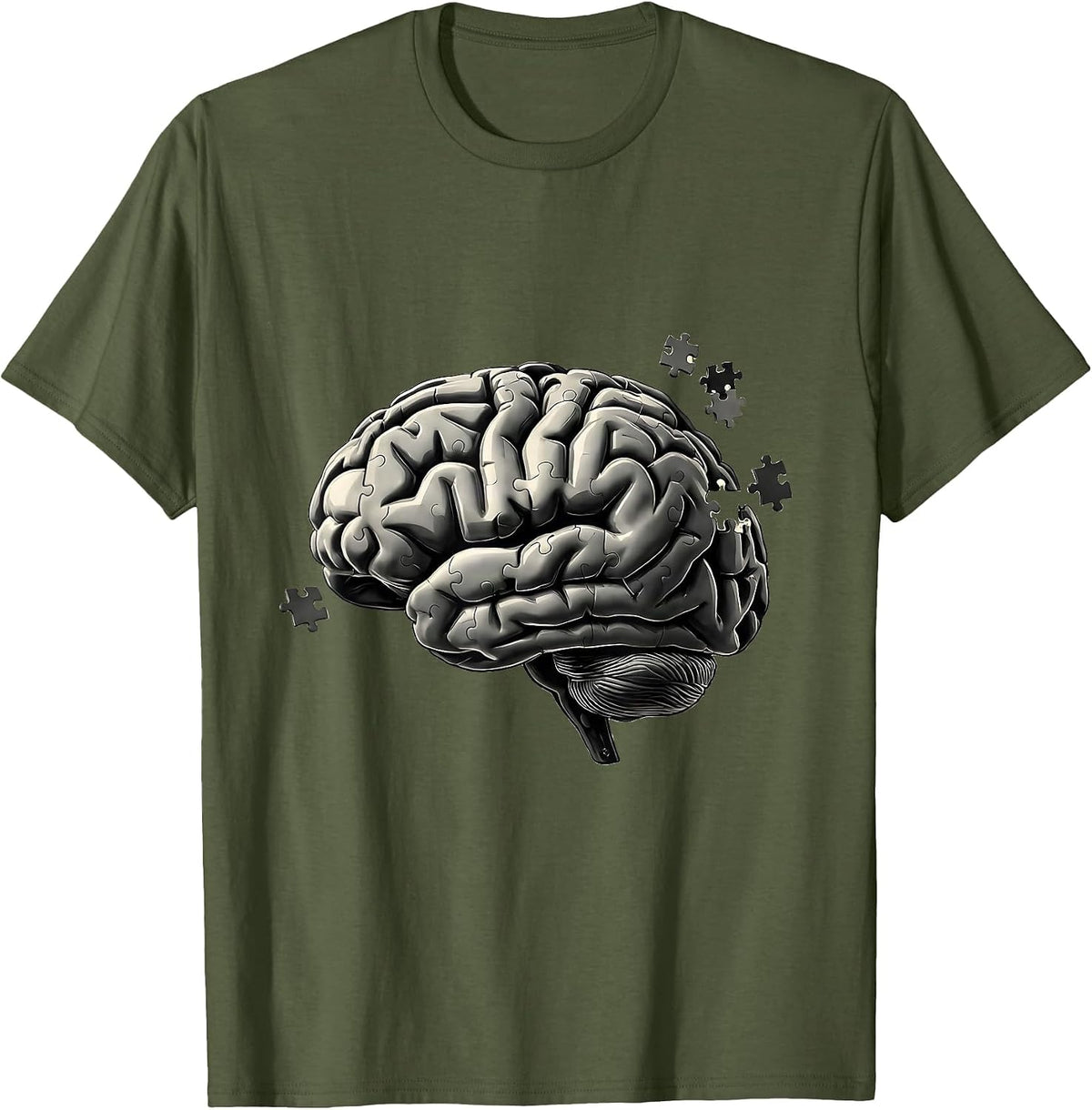 Men's English Teacher Brain Puzzle Pieces Graphic T-Shirt - Olive Green