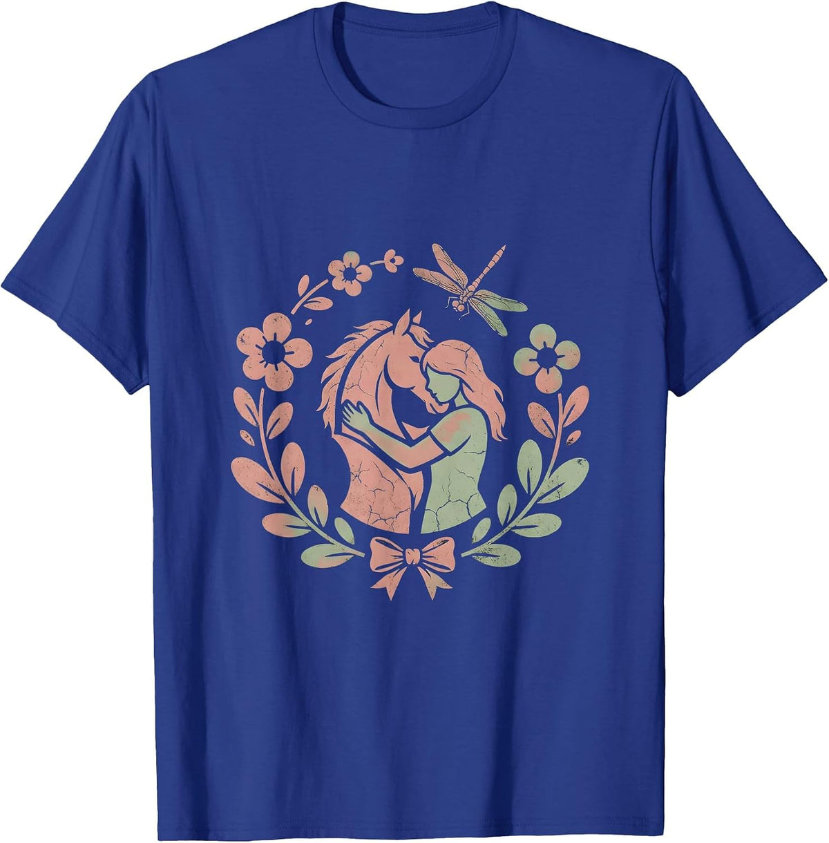 Girl and Horse Stable Embrace Illustration T-Shirt - Royal Blue