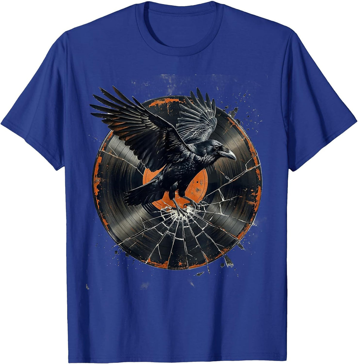 Raven on Broken Vinyl Record Rock Music Art T-Shirt - Royal Blue