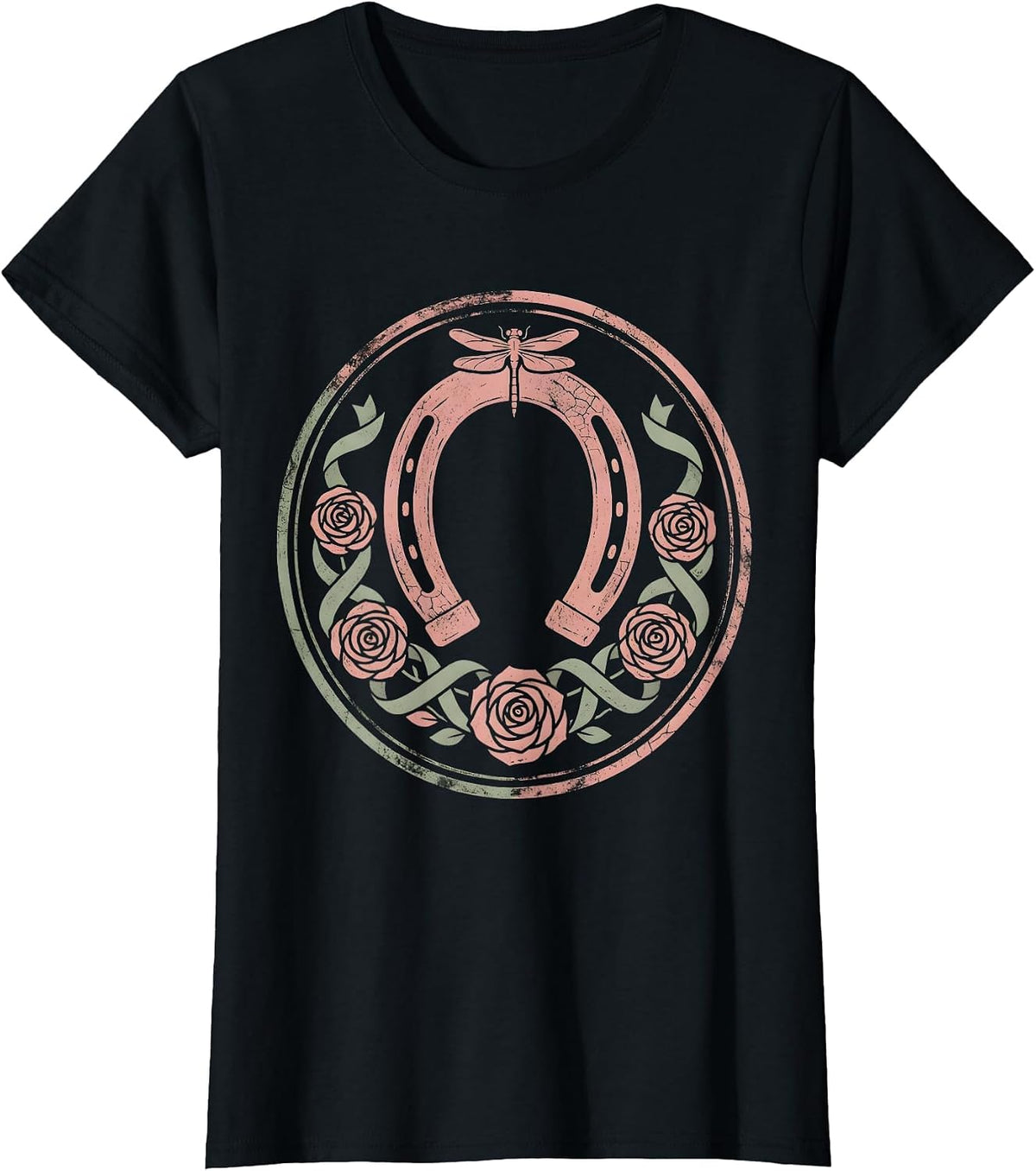 Derby Floral Horseshoe Wreath Rose Ribbon Design T-Shirt - Black