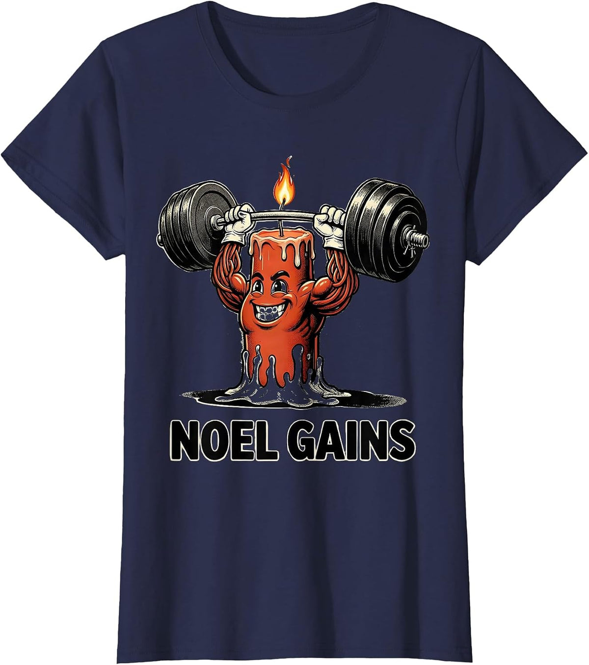 Women's Noel Gains Retro Cartoon Funny Christmas Gym Weightlifting T-Shirt - Navy Blue