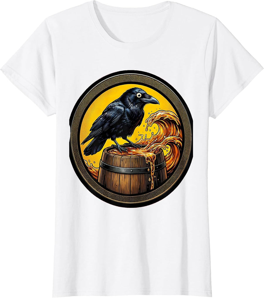 Women's Crow on Whiskey Barrel Halloween Graphic T-Shirt - White