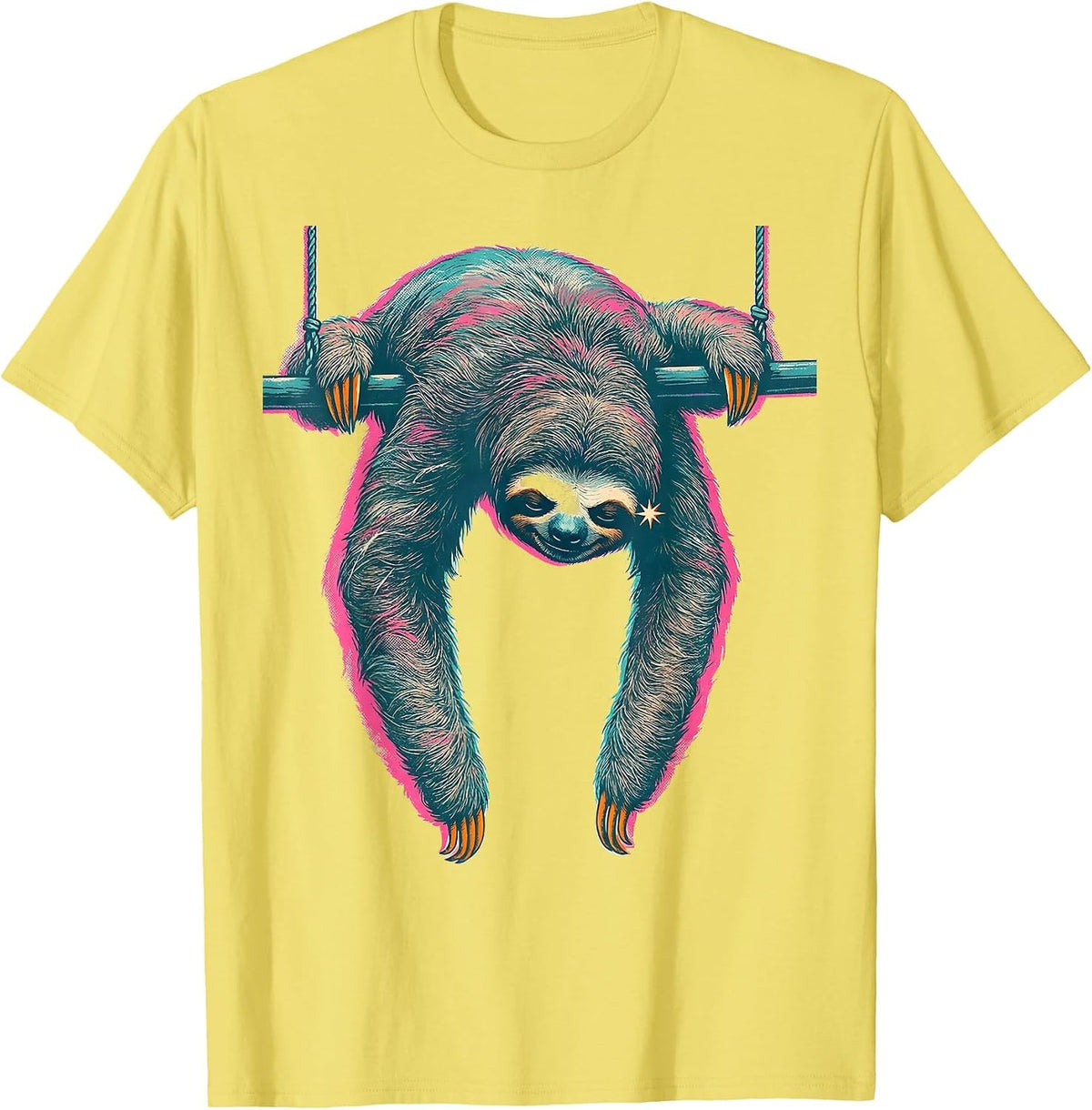 Men's Sloth Draped Over Pendulum Bar Risograph Humor T-Shirt - Lemon Yellow