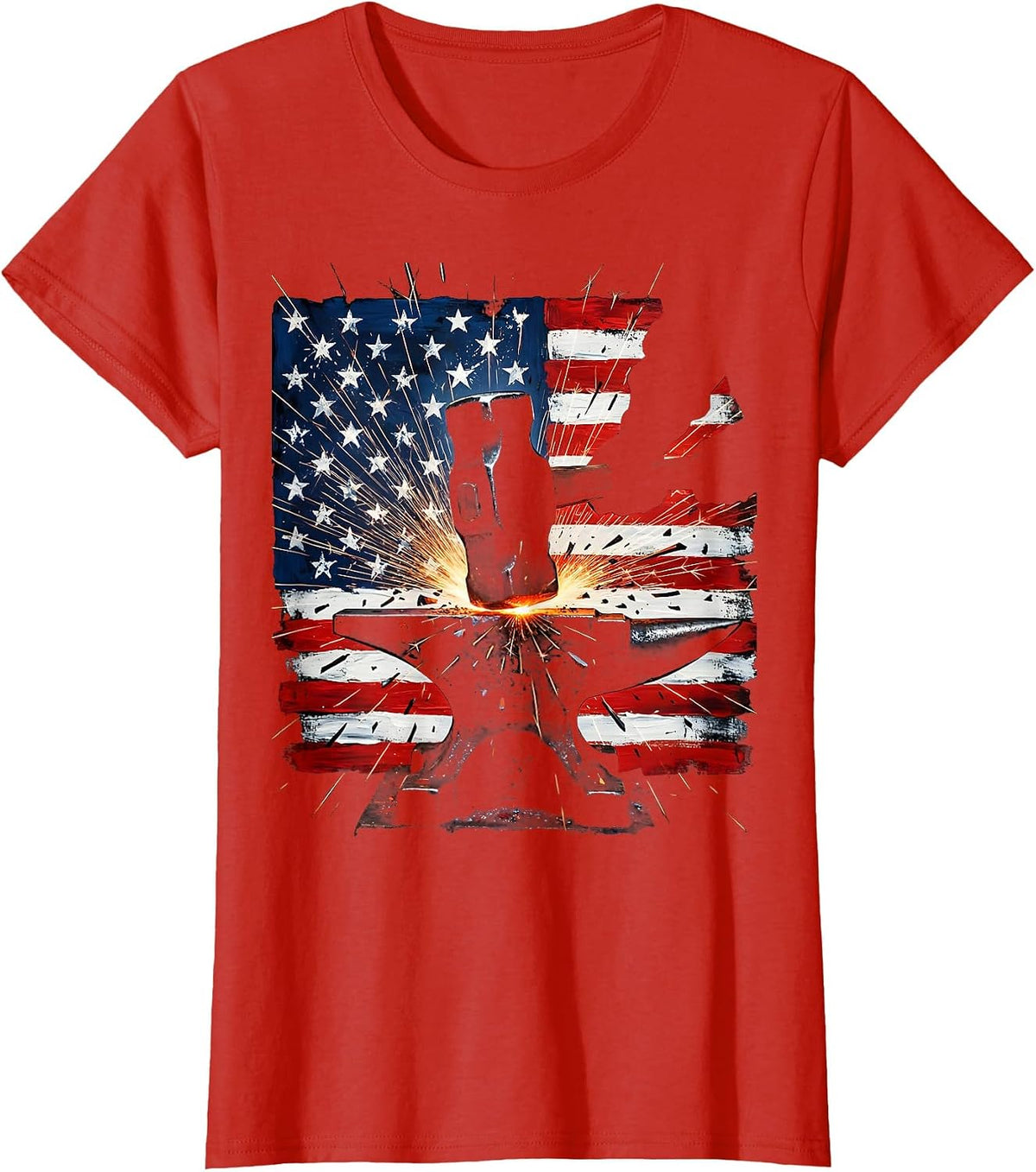 Patriotic Blacksmith Hammer and Anvil Sparks T-Shirt - Red