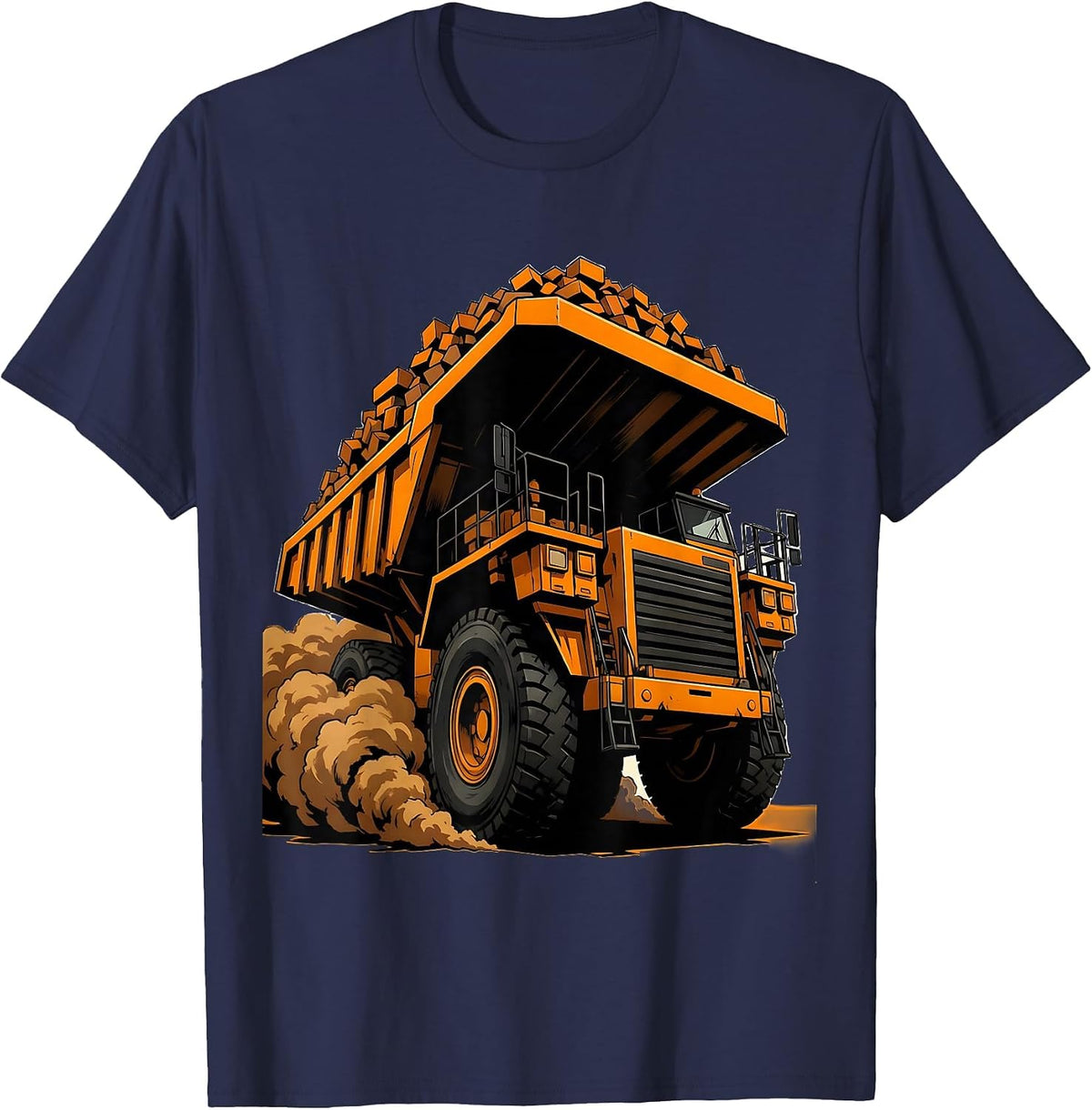 Dump Truck Hauling Load Dirt Cloud Illustration T-Shirt - Navy Blue