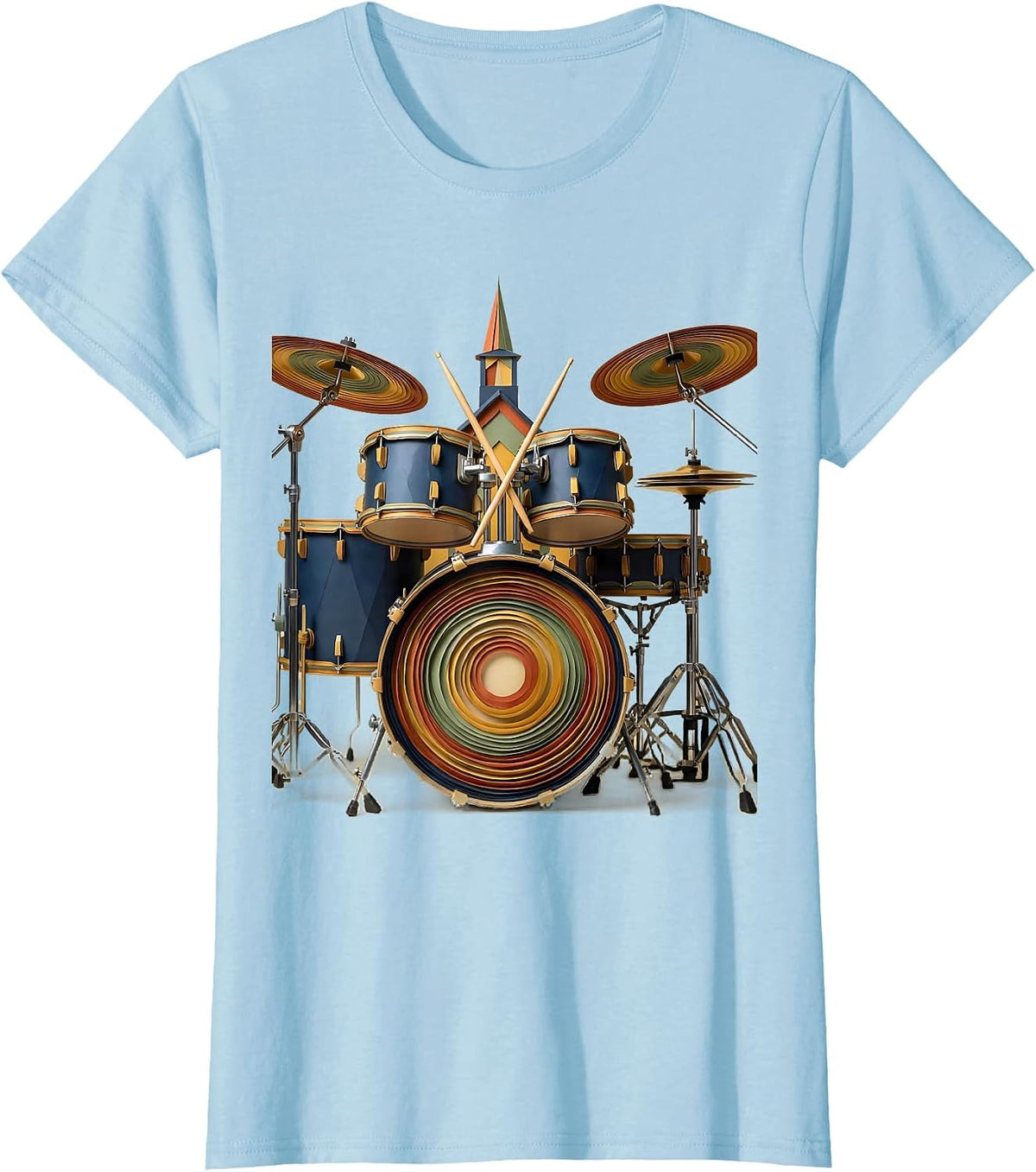 Women's Compact Drum Kit Church Worship Musician Faith Statement T-Shirt - Baby Blue