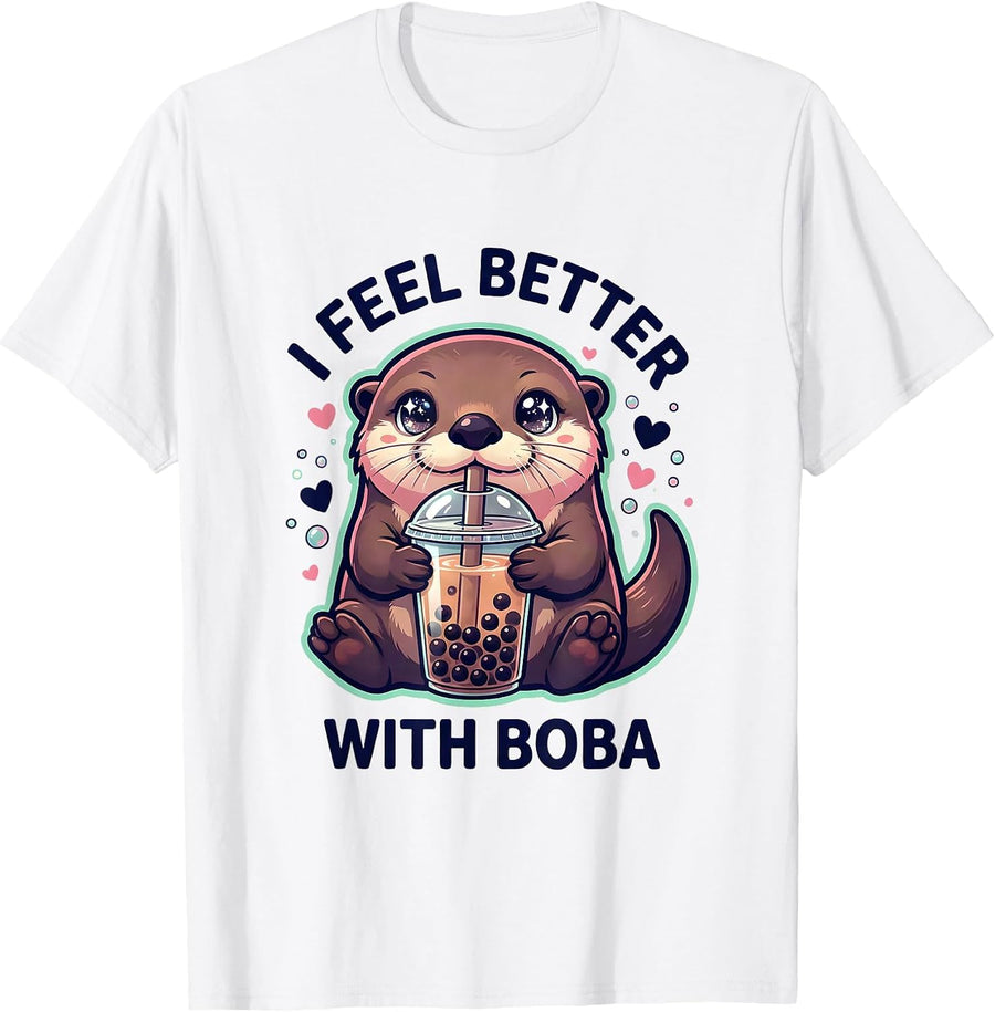 Men's I Feel Better With Boba Kawaii Anime Otter Boba Tea Lover T-Shirt - White