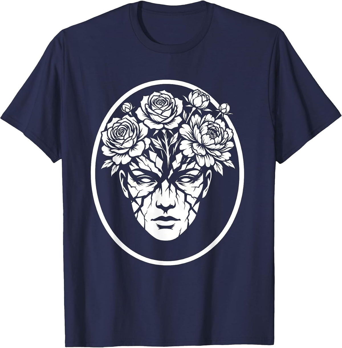 Cracked Porcelain Face Floral Bloom Art Design T-Shirt - Navy Blue