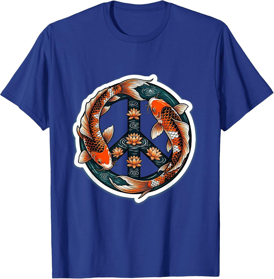 Koi Fish Peace Sign Zen Circle Illustration T-Shirt - Royal Blue