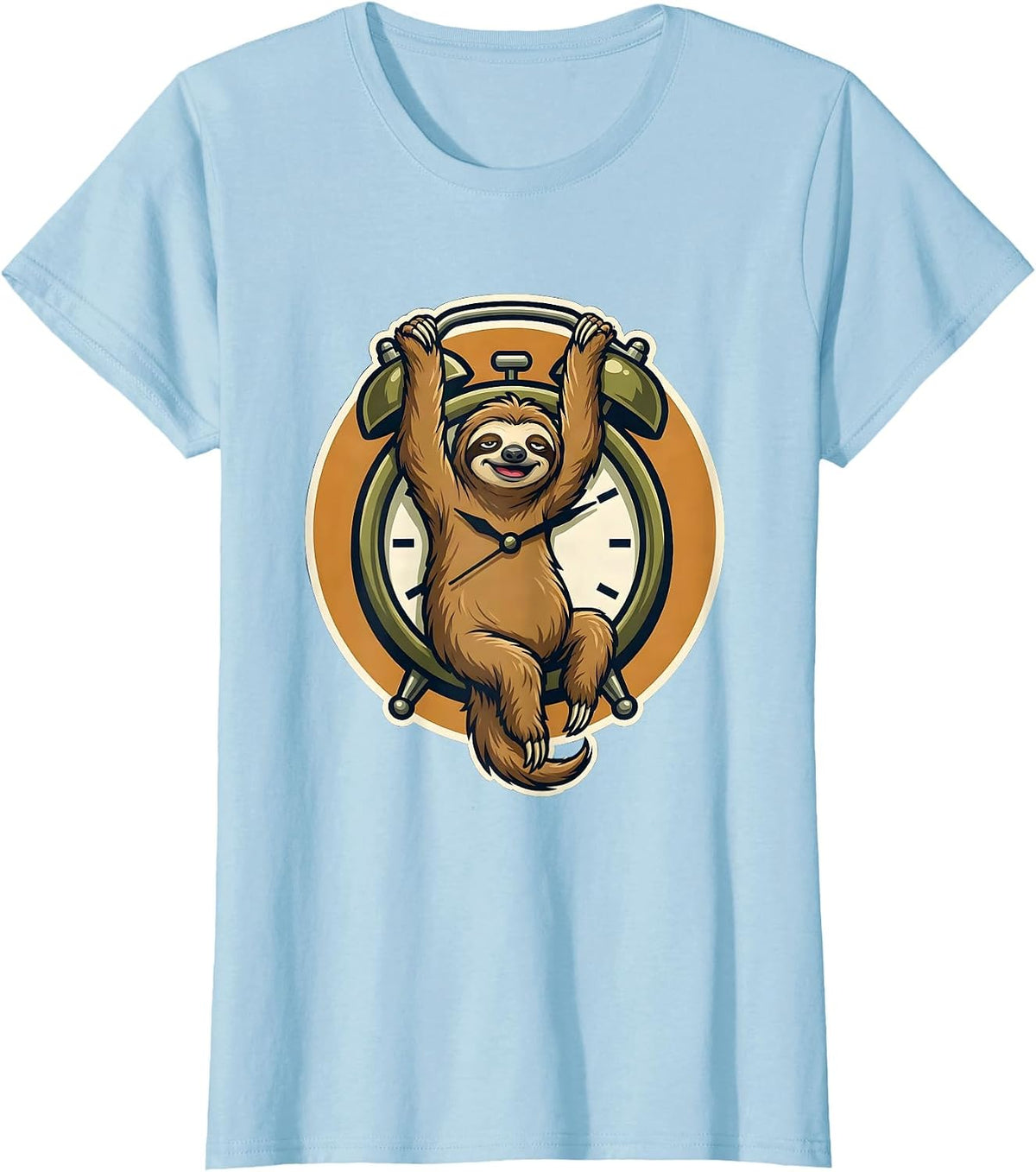Women's Sleepy Sloth Hanging From Alarm Clock Funny T-Shirt - Baby Blue