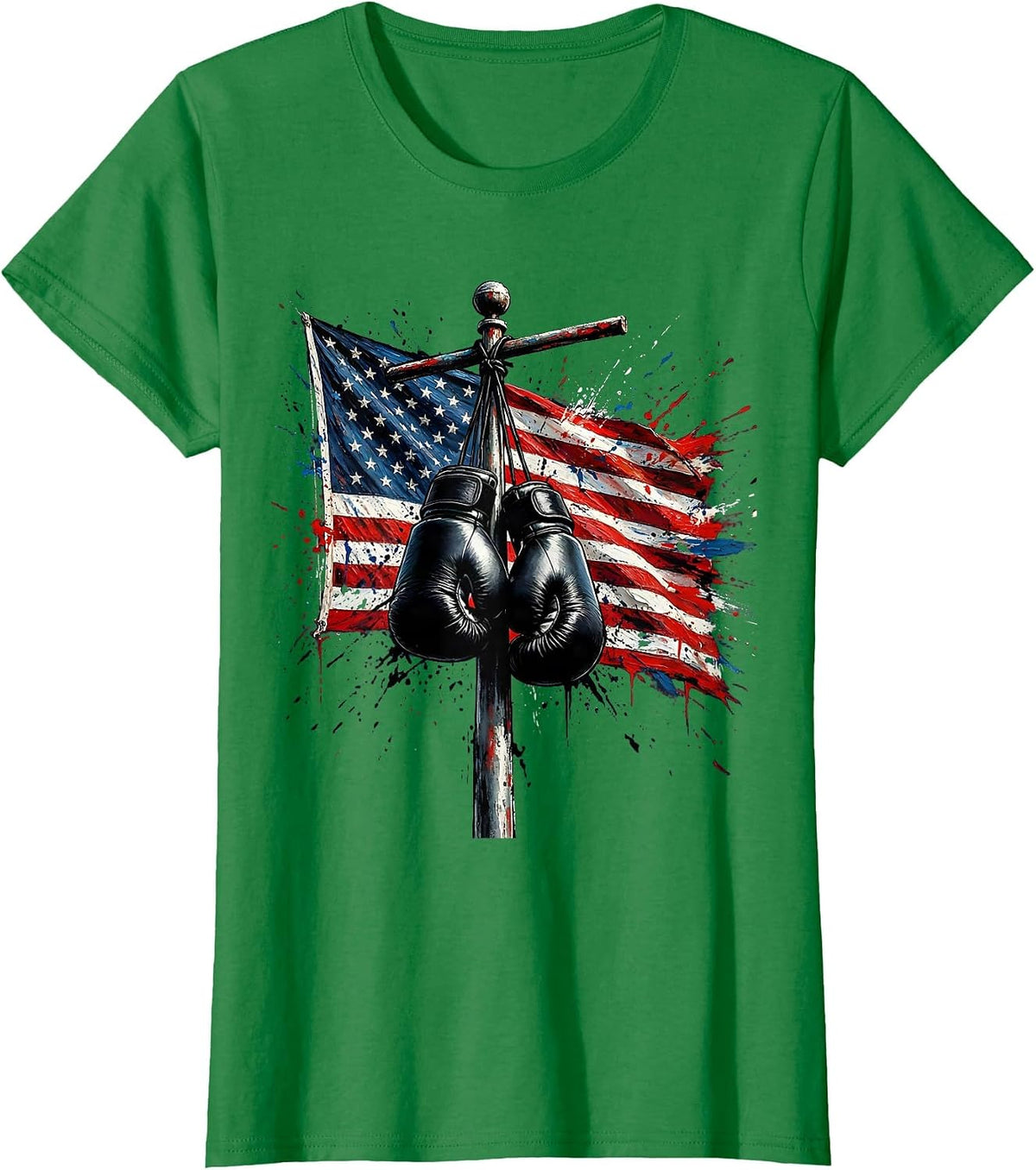 Women's Boys Red White Blue Boxing Gloves Flagpole T-Shirt - Kelly Green