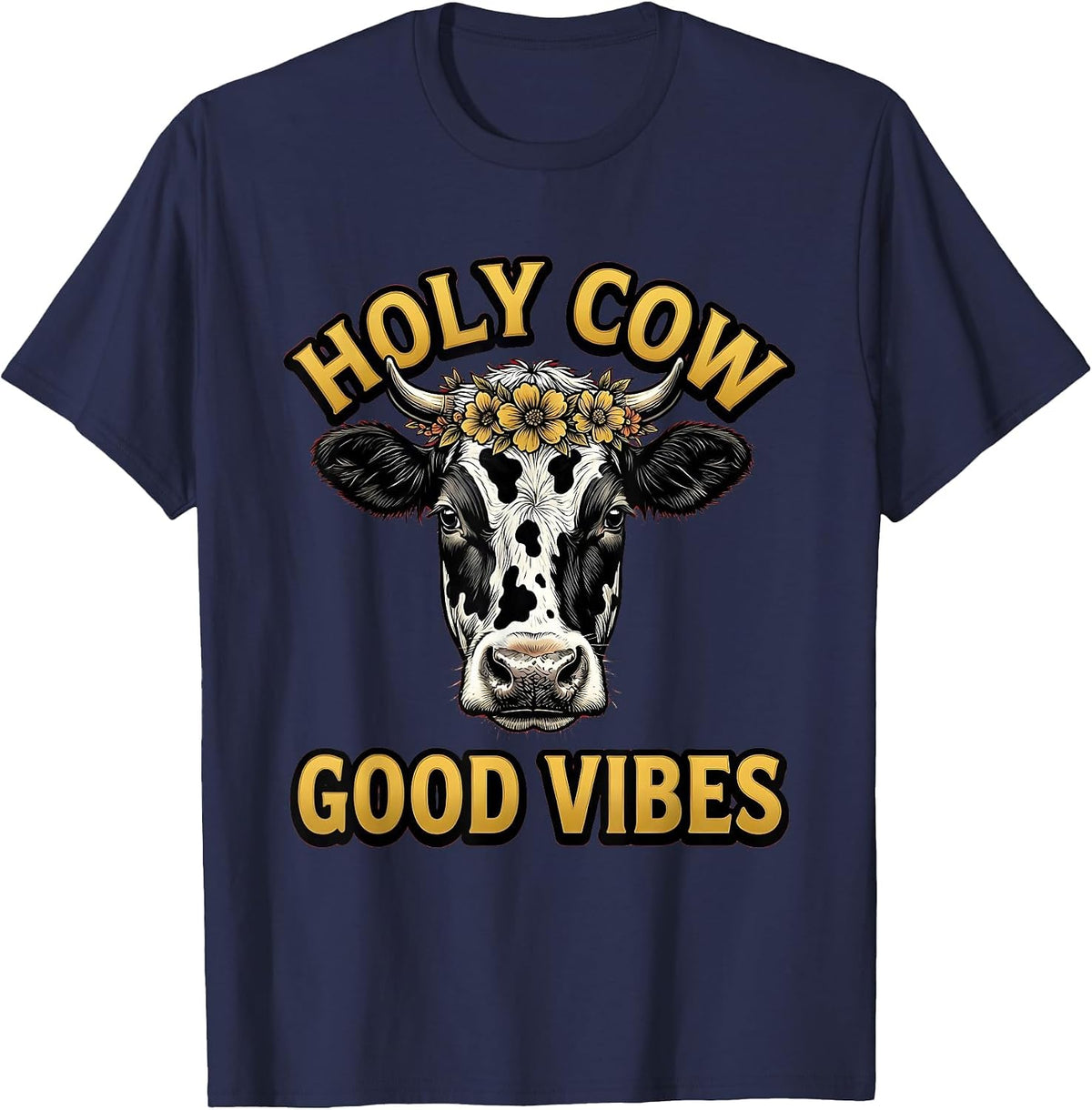Men's Holy Cow Good Vibes Cow Print Design T-Shirt - Navy Blue