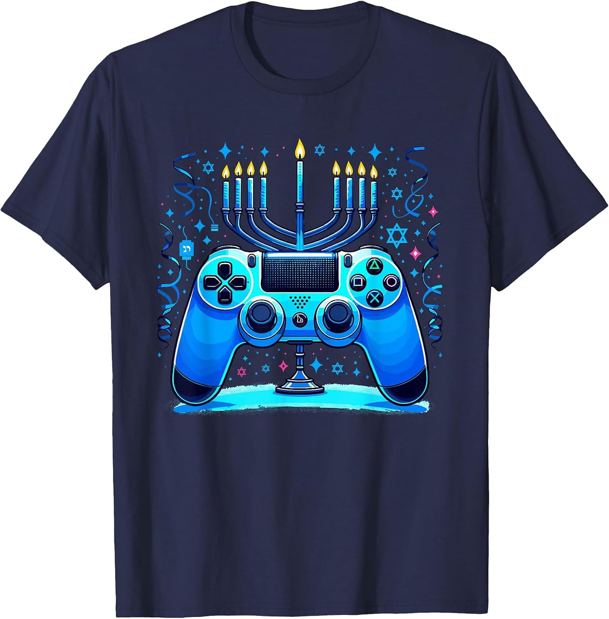 Jewish Video Game Console Gamer Hanukkah Chanukah Menorah T-Shirt - Navy Blue