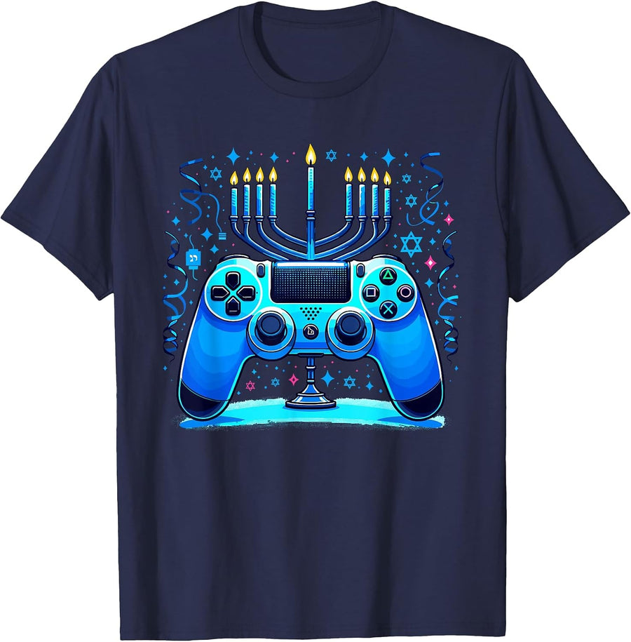 Jewish Video Game Console Gamer Hanukkah Chanukah Menorah T-Shirt - Navy Blue