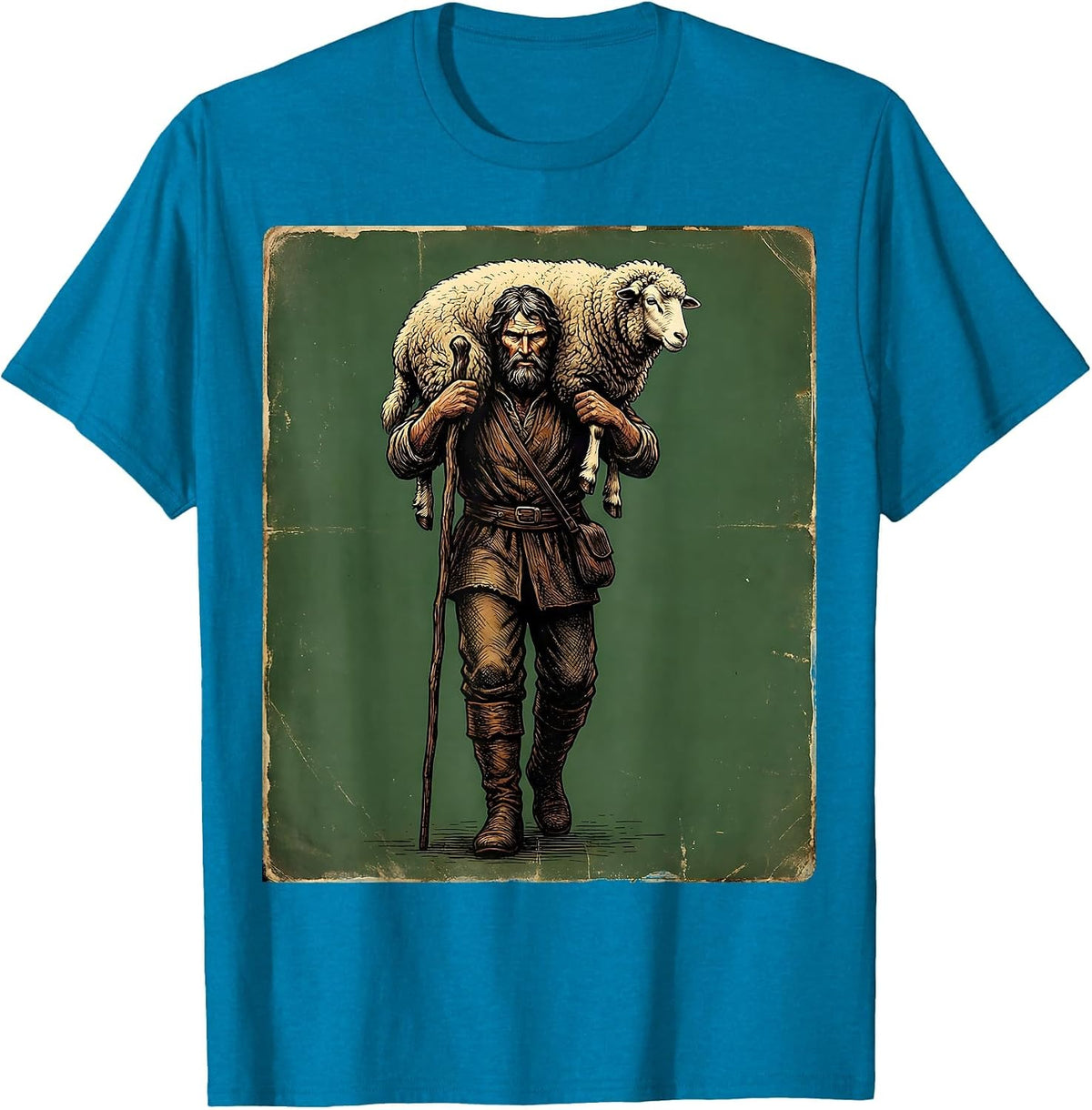 Shepherd Carrying Lost Sheep Christian Faith Graphic T-Shirt - Sapphire Blue