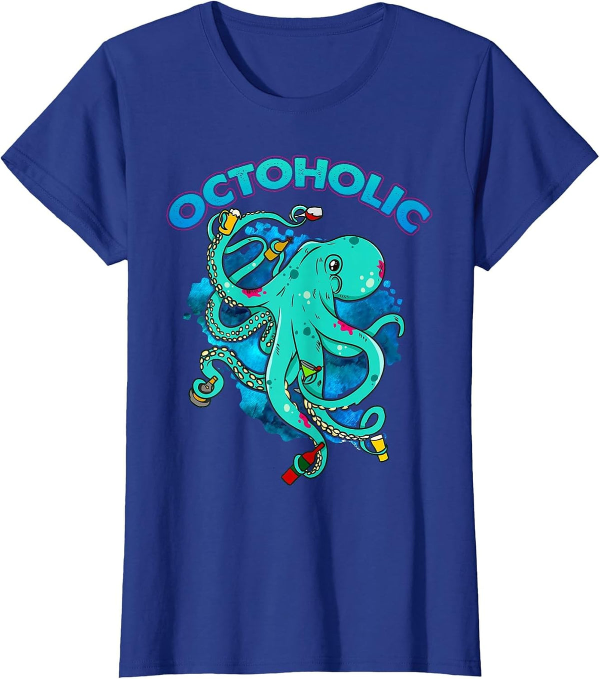 Octoholic T-Shirt Funny Octopus Drinking T-Shirt T-Shirt - Royal Blue