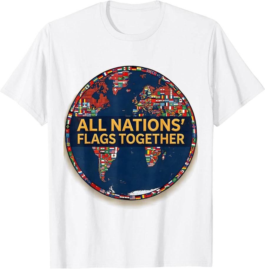 Men's All Nations' Flags Together Geography Lover Travel T-Shirt - White