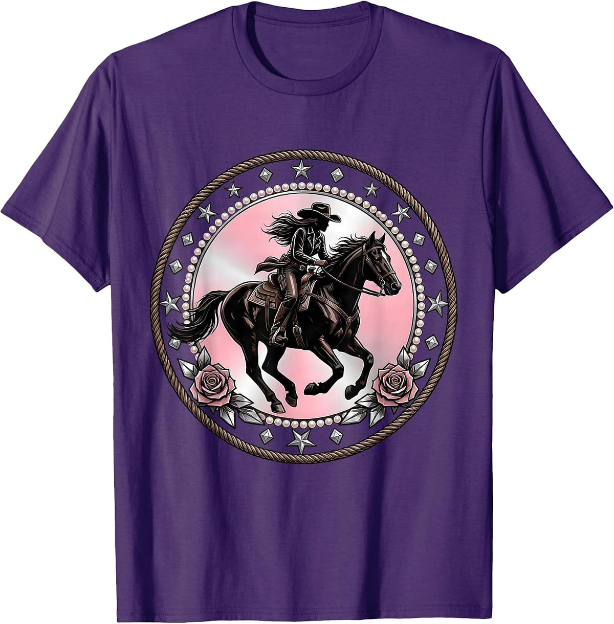 Men's Cowgirl Riding Horse Sunset Silhouette T-Shirt - Purple