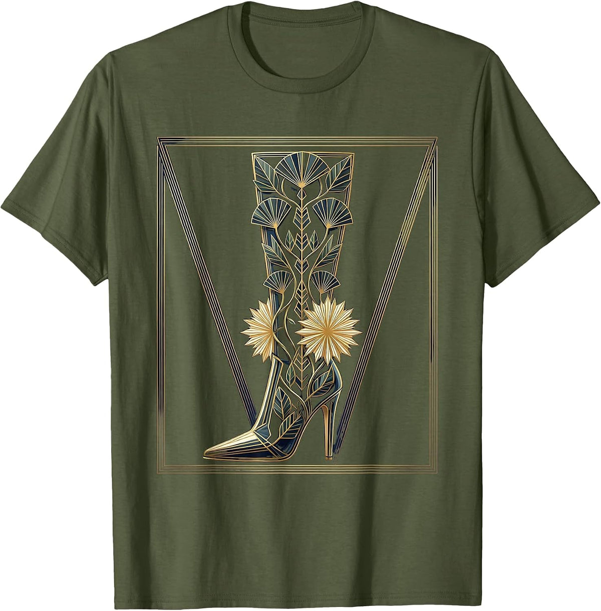 Vintage Romance High Heel Boot with Climbing Vines T-Shirt - Olive Green