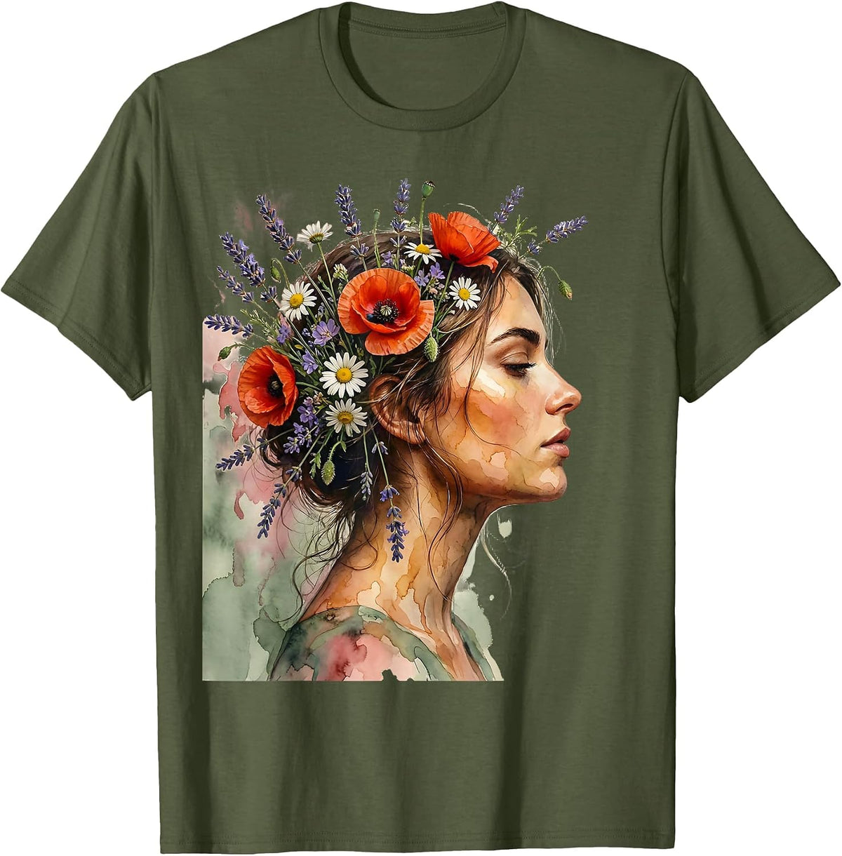 Gigi Wildflower Profile Botanical Art Design T-Shirt - Olive Green