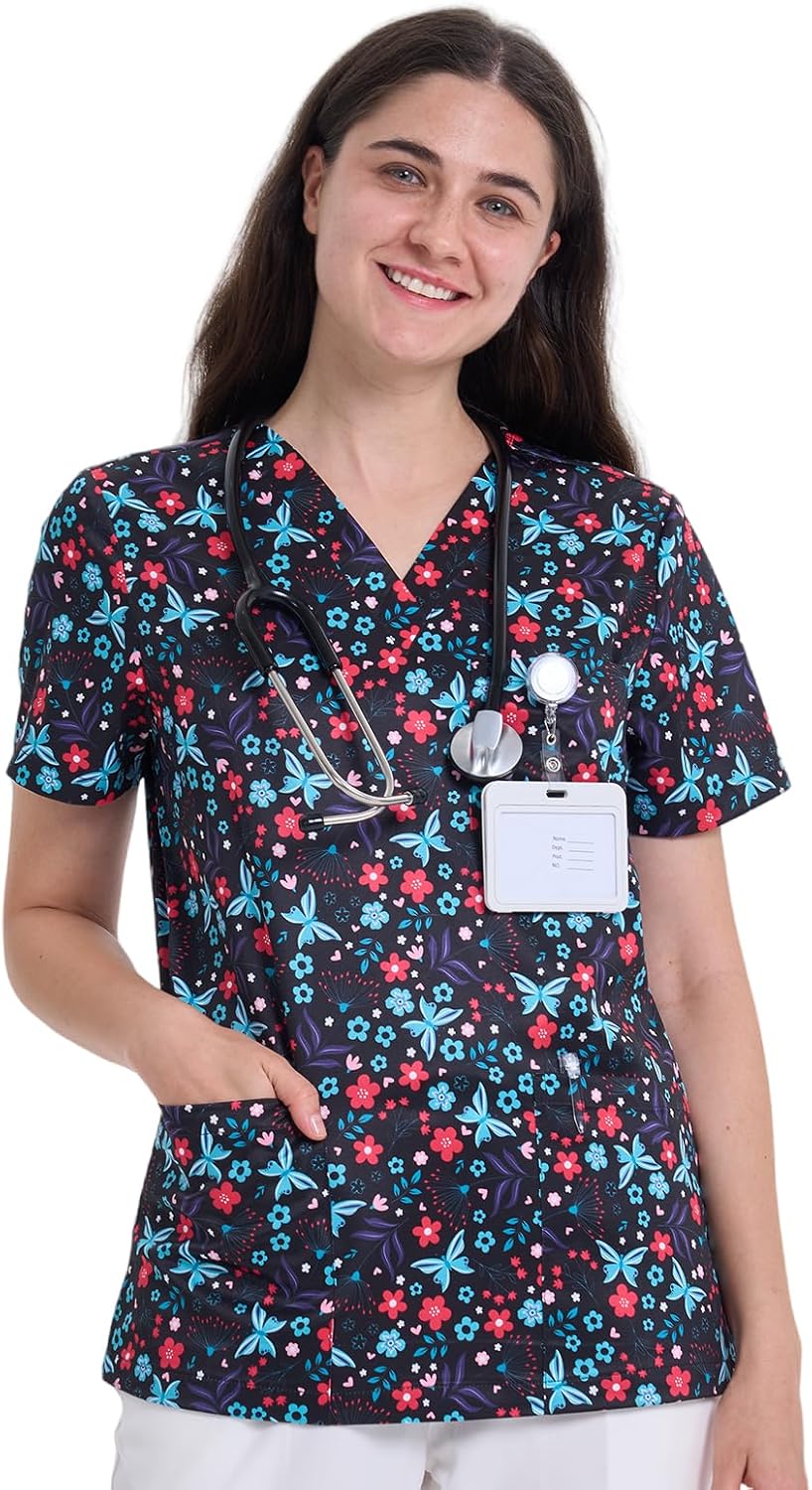 Printed Scrub Tops for Women, V-Neck Nurse Shirt, 3 Pockets - Black Flowers