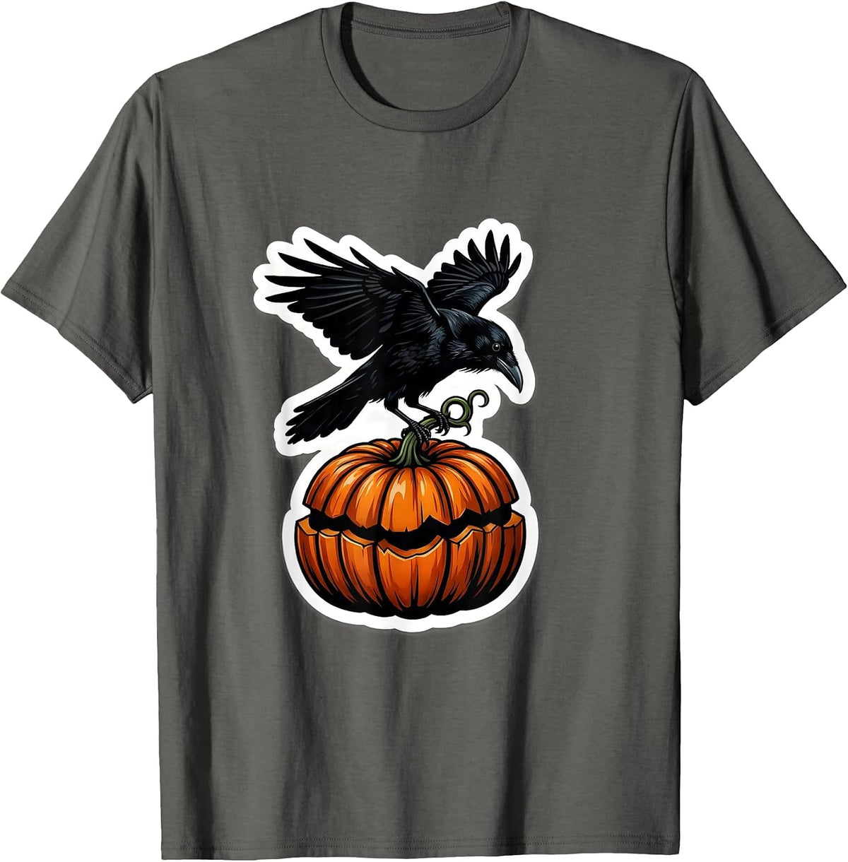 Crow Perched on Pumpkin Patch Fall Design T-Shirt - Asphalt Grey