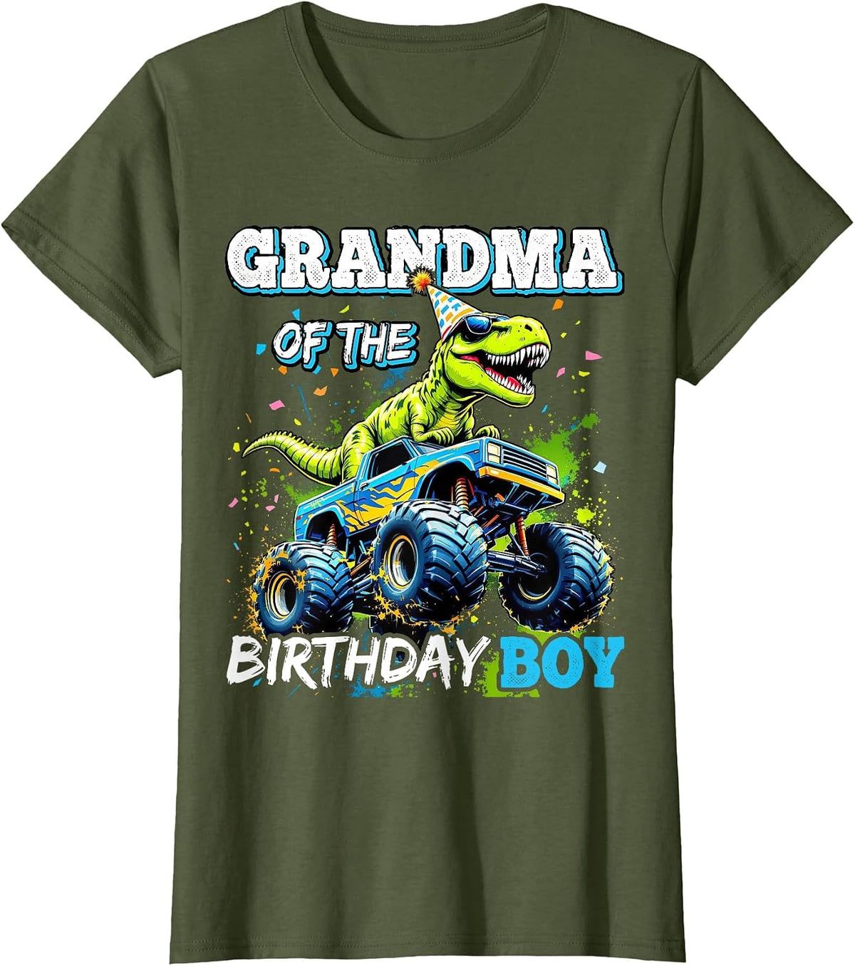 Grandma of the Birthday Boy Monster Truck Dinosaur Party T-Shirt - Olive Green