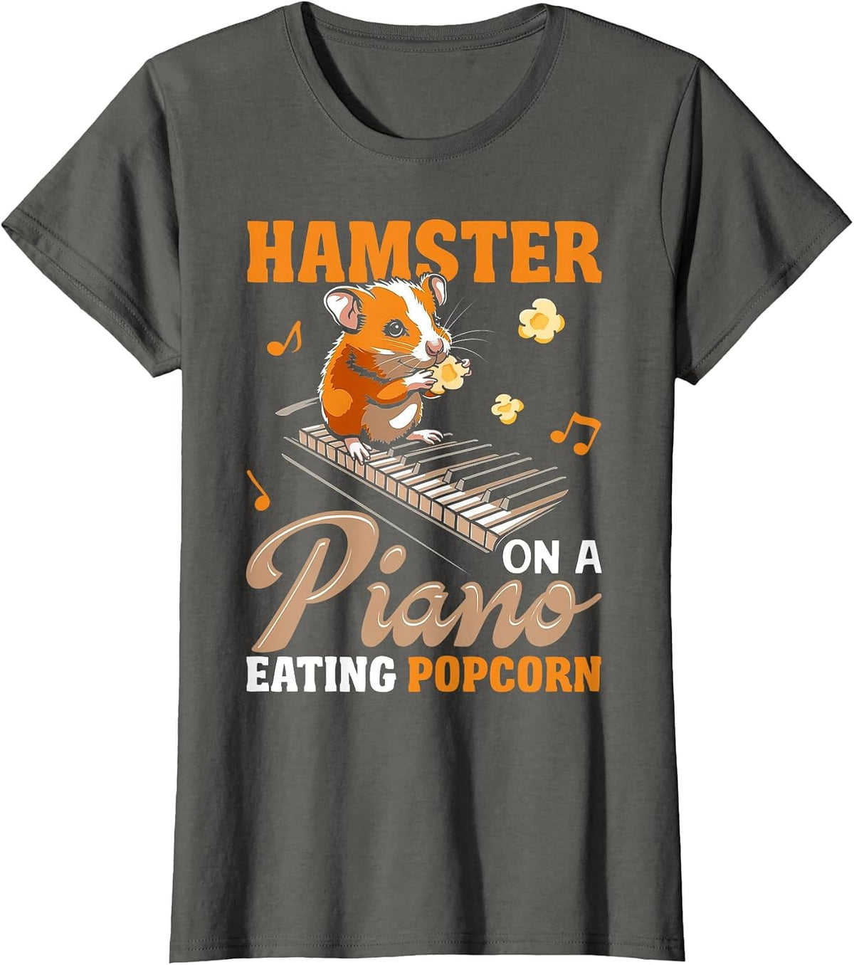 Funny Hamster On A Piano Eating Popcorn T-Shirt - Asphalt Grey