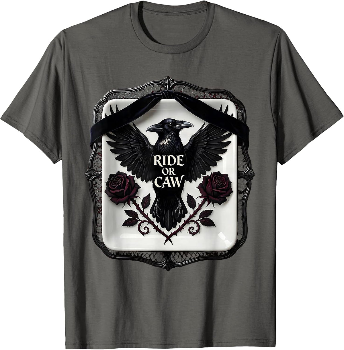 Ride or Caw Funny Crow Bird Design T-Shirt - Asphalt Grey