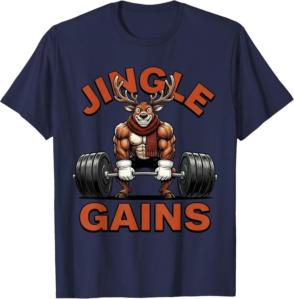 Jingle Gains Retro Cartoon Funny Christmas Gym Weightlifting T-Shirt - Navy Blue