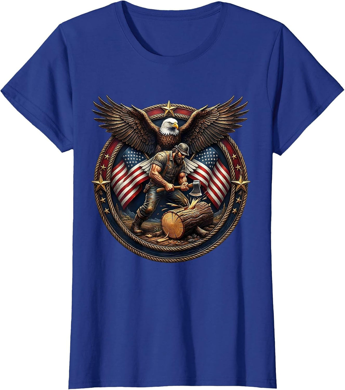 Women's American Flag Lumberjack Chopping Wood Graphic T-Shirt - Royal Blue