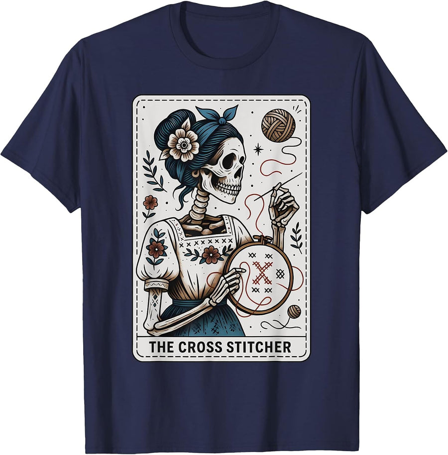 Cross Stitcher Tarot Card Skeleton Mom Stitching Sewing T-Shirt - Navy Blue