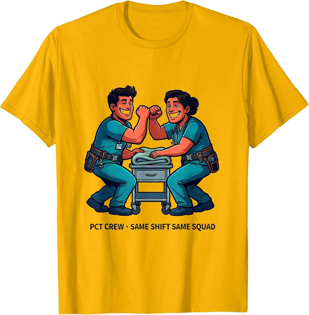 PCT Crew Same Shift Same Squad Cartoon Patient Care T-Shirt - Golden Yellow