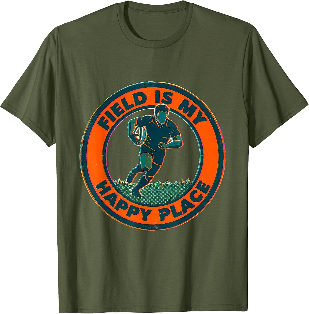 Field Is My Happy Place Rugby Design T-Shirt - Olive Green