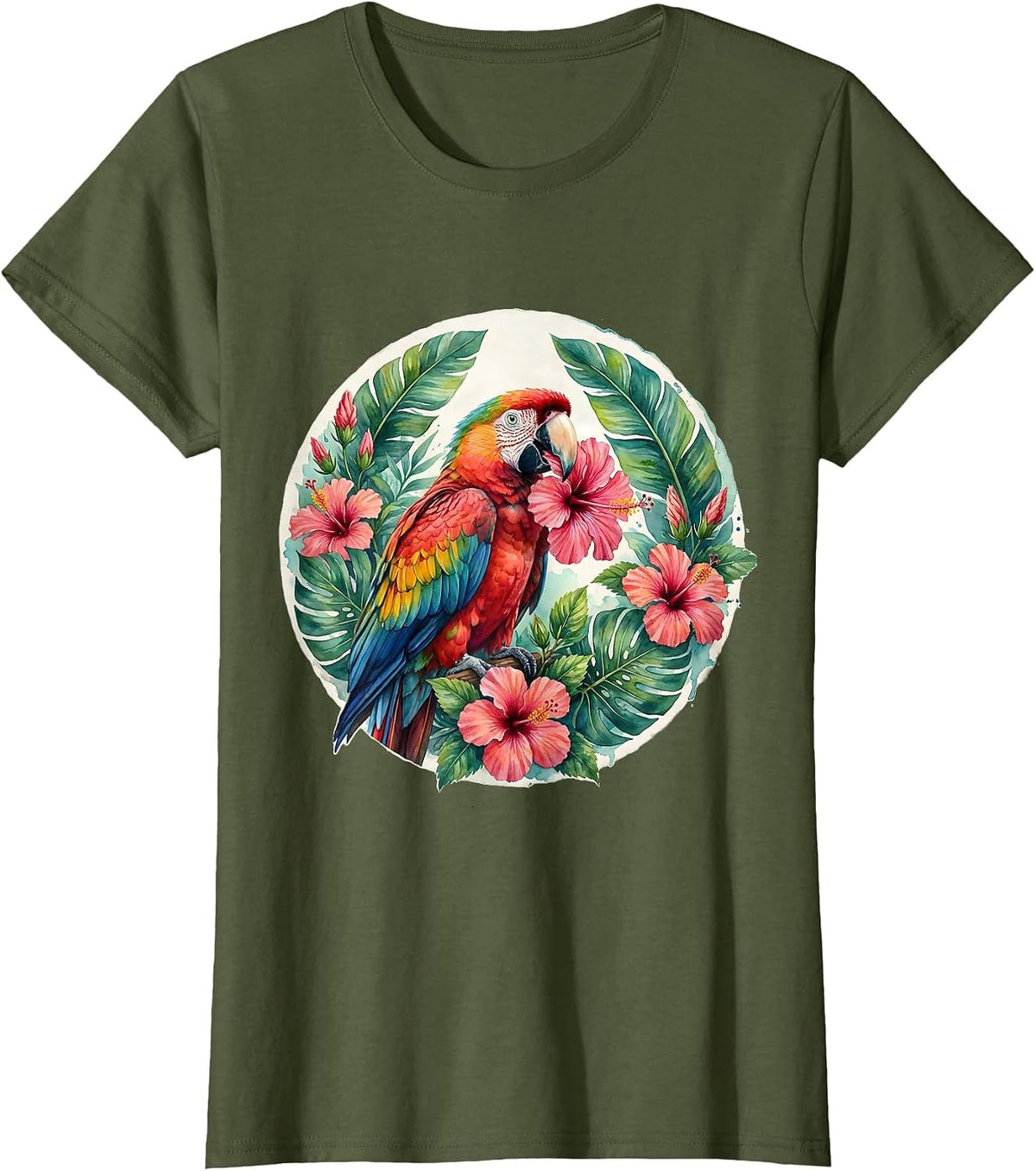 Women's Colorful Parrot Hibiscus Hawaiian Tropical Design T-Shirt - Olive Green