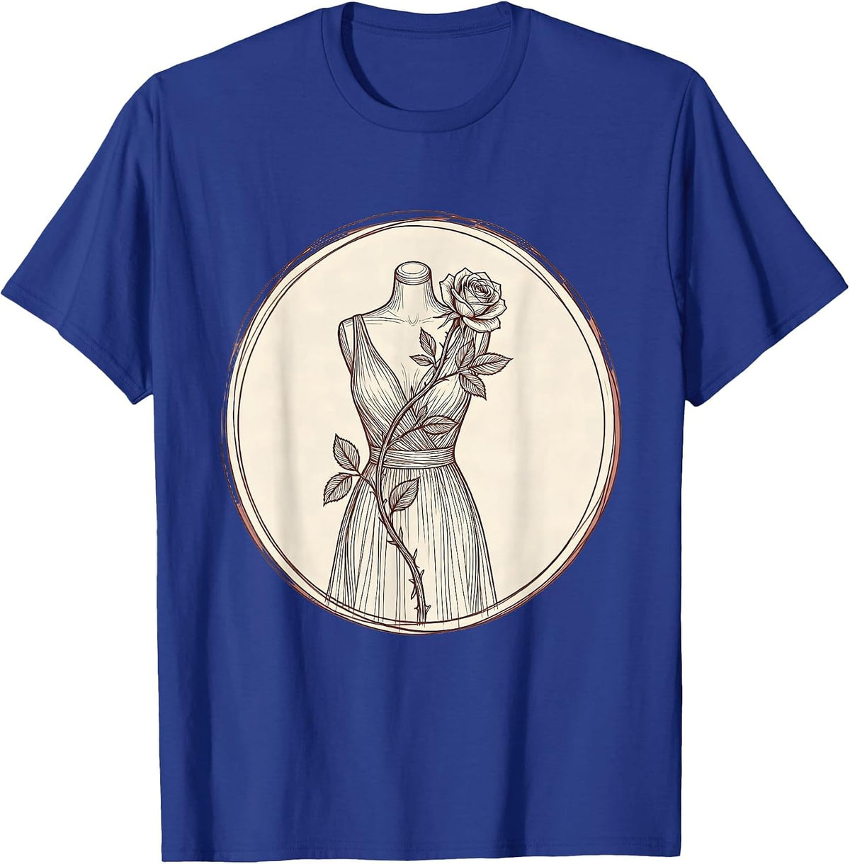 Vintage Dress Form Climbing Roses Floral Art T-Shirt - Royal Blue